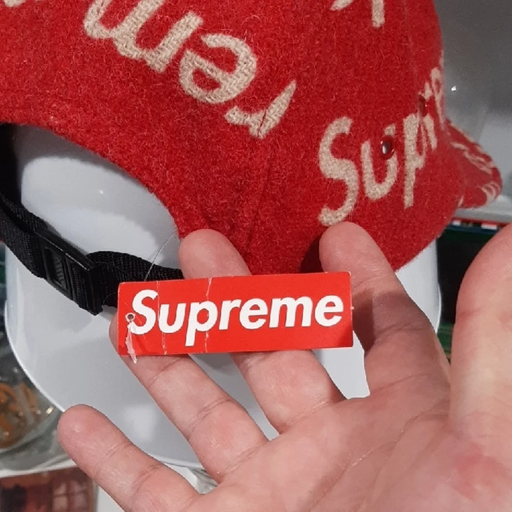 Supreme Red Wool Logo Camp Cap with White All-Over Branding